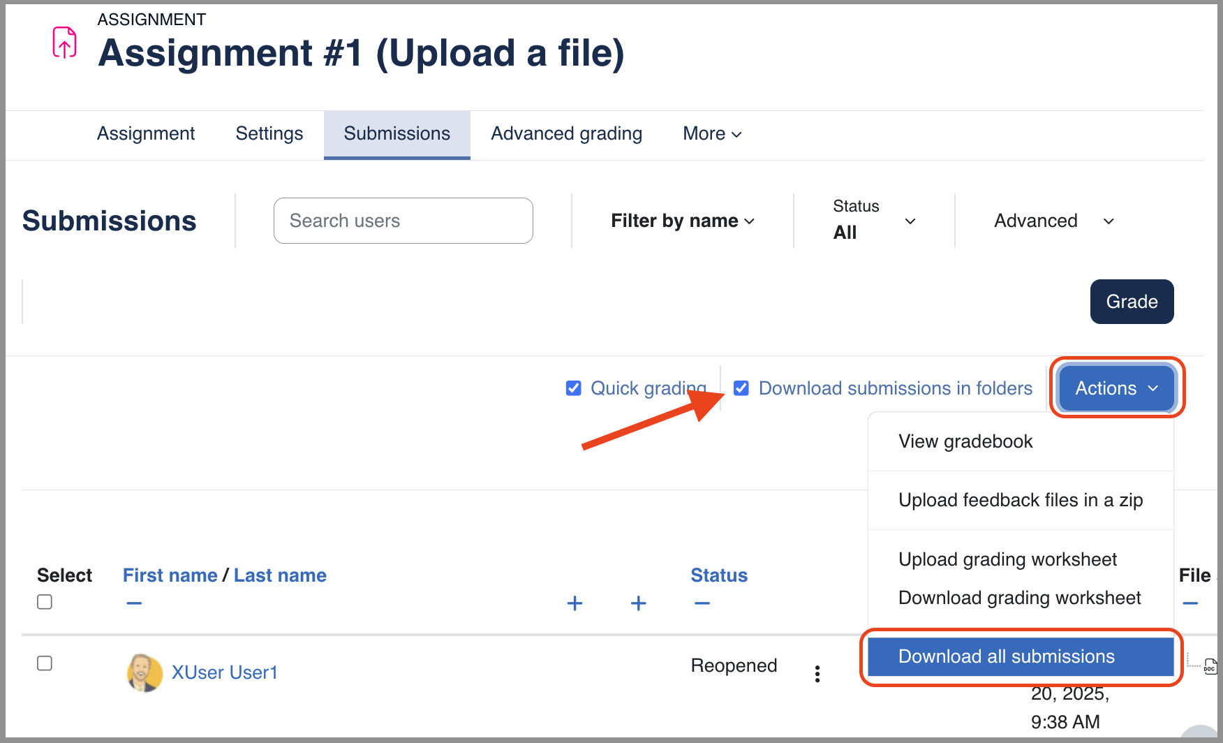 Screenshot of Submissions page. A red arrow points to the "download submissions in folder checkmark" and the actions menu is circled in red. 